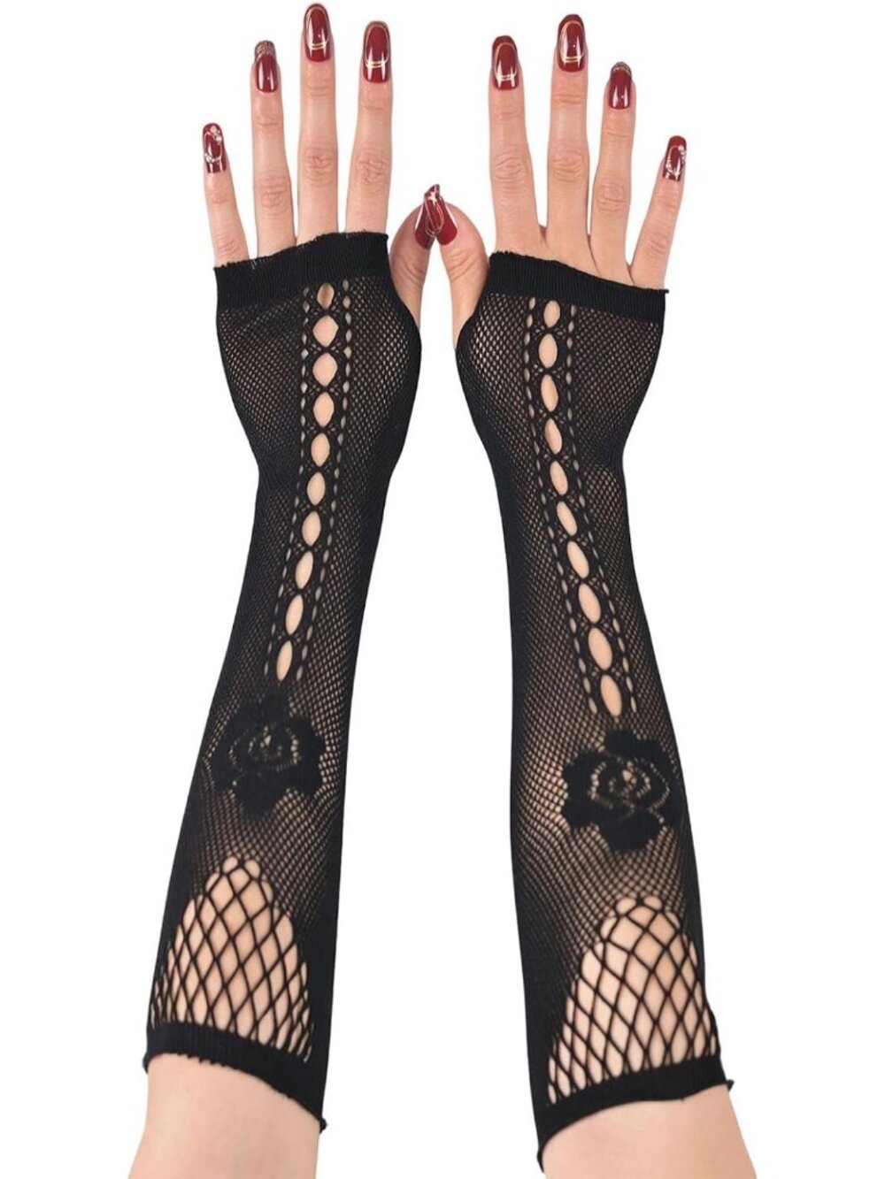 Women's Black Long Rose Pattern Fishnet Fingerless Gothic Cosplay Gloves
